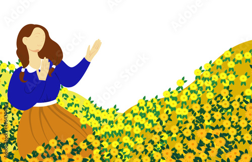 Poster design with a call to help and pray for Ukraine. Peacetime after military actions in Ukraine. Image of a happy girl in a field of sunflowers and the sky in the style of impressionism