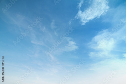 Fototapeta Naklejka Na Ścianę i Meble -  Summer blue sky cloud gradient light white background. Beauty clear cloudy in sunshine calm bright winter air. Gloomy vivid cyan landscape in environment day horizon skyline view spring wind