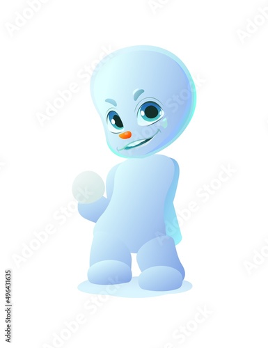 Little snowman thinking of throwing snowball. Cartoon person stands and smiles. Fun style. Child kid. Isolated on white background. Vector