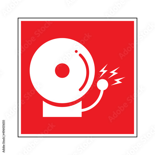Fire alarm bell sign. Vector illustration of red square board with security bell icon inside. Fire protection symbol isolated on white background. Red safety sticker. Emergency buzzer.