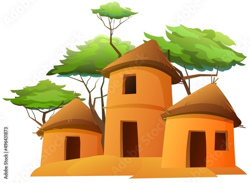 Africa village. Rural houses made of clay and straw. African landscape. round buildings. Acacia trees. Isolated on white background. Vector