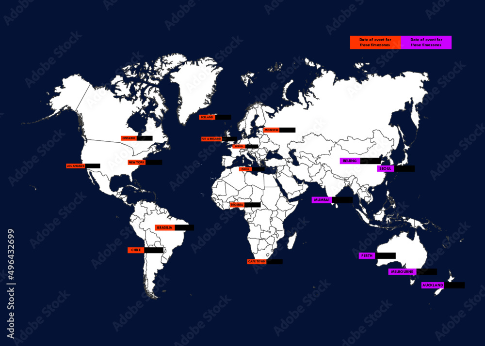 Map of the world with different time zones for all continents with a ...
