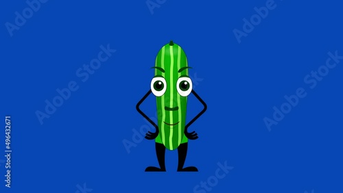 Cartoon cucumber talking loop with alpha channel. Vegetable animation on a transparent background.