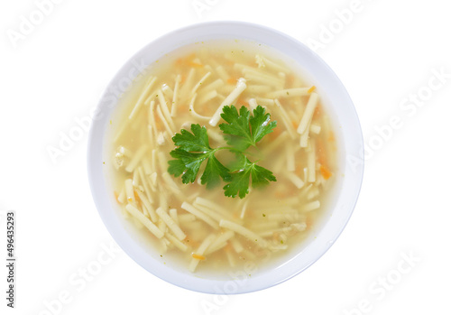 plate of chicken noodle soup isolated on white background