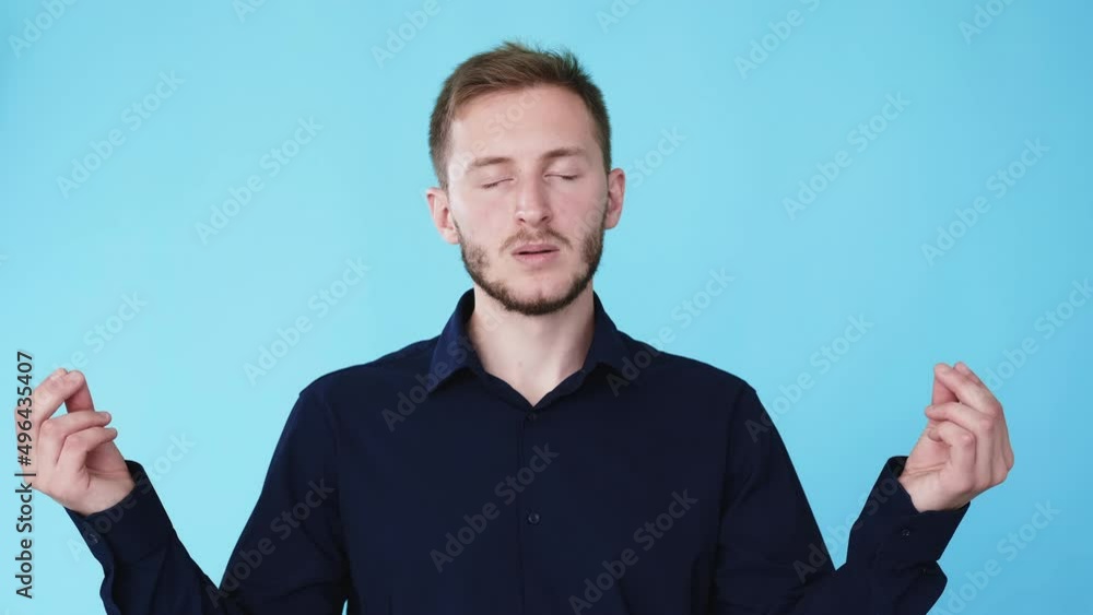 Yoga meditation. Stress relief. Harmony balance. Boomerang animation. Relaxed peaceful man with zen hand gesture isolated on blue background GIF loop motion.