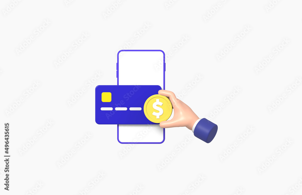 Hand Picking up coin with credit card and smartphone Isolated on White background, grab, gesture, cartoon, business concept, 3d rendering. Hand Picking up coin with credit card and smartphone Isolated on White background, grab, gesture, cartoon, business concept, 3d rendering.