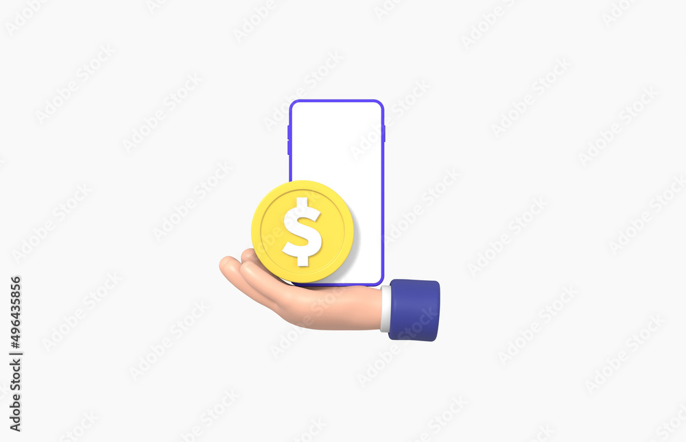 Hand holding coin with smartphone Isolated on White background, cartoon, business concept, 3d rendering.