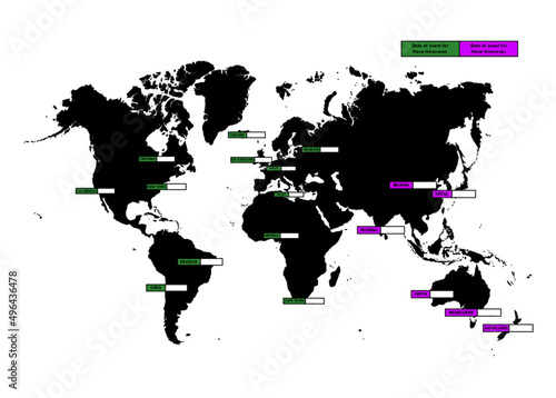Map of the world with different time zones for all continents with a white background (Editable Illustrator)