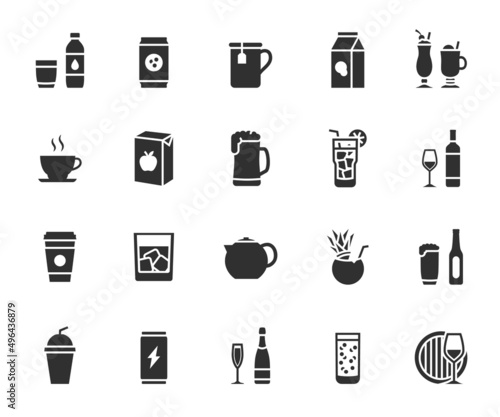Vector set of beverage flat icons. Contains icons water, juice, milk, soda, cocktail, energy drink, milkshake, coffee and more. Pixel perfect.