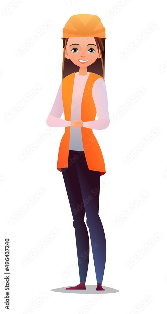 Little girl in overalls. Teen Handyman, locksmith or repairman. Cheerful person. Standing pose. Cartoon comic style flat design. Single character. Illustration isolated on white background. Vector Little girl in overalls. Teen Handyman, locksmith or repairman. Cheerful person. Standing pose. Cartoon comic style flat design. Single character. Illustration isolated on white background. Vector