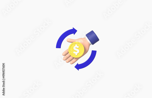 Palm hand, circle arrow and coin Isolated on White background, cartoon, business concept, 3d rendering.