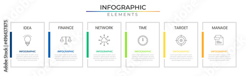 Business idea infographic elements plan concept design vector with icons. Rectangle six option business network project template for presentation and report.