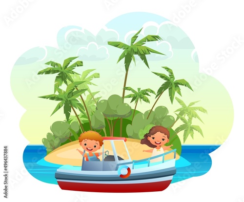 Boat ship. Seascape landscape. Boy kid little captain. Tropical island with palm trees. Cartoon style illustration. Cute childish. Isolated on white background. Vector