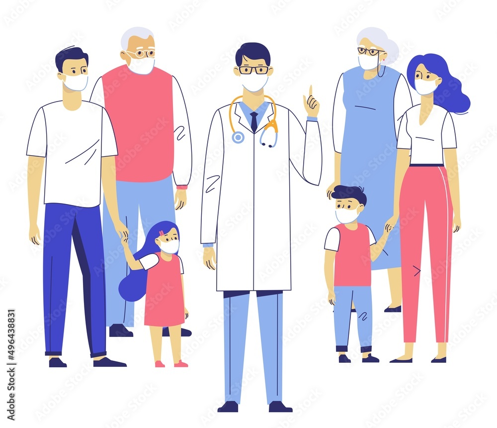 Concept of epidemic disease. Family doctor with patients in protective masks. Concept of epidemic disease. Family doctor with patients in protective masks.