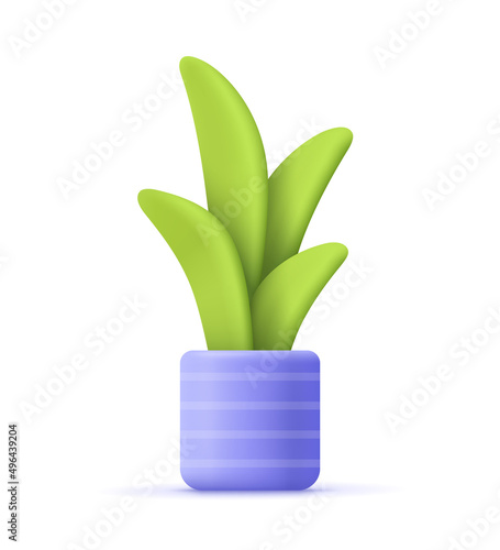 Flower, plant with leaves in pot. Gardening concept. 3d vector icon. Cartoon minimal style.