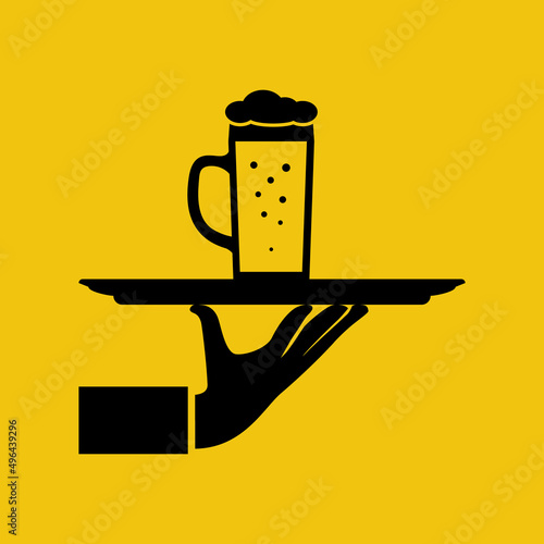 Black silhouette beer on a tray. Glass of beer man holding in hand. Mug in hand isolated in flat background. Waiter makes flow of alcohol. Vector illustration. Light alcoholic drink, cool foam.