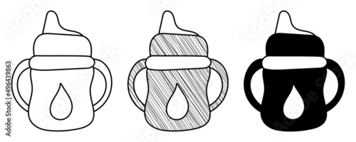 Set of hand drawn vector Baby Sippy Cup in a doodle cartoon style