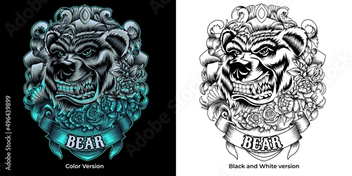 angry bear with roses and ornament in neon color style