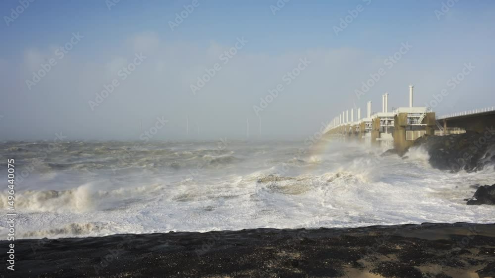 Sea waves during storm called Eunice, Vrouwenpolder, Netherlands