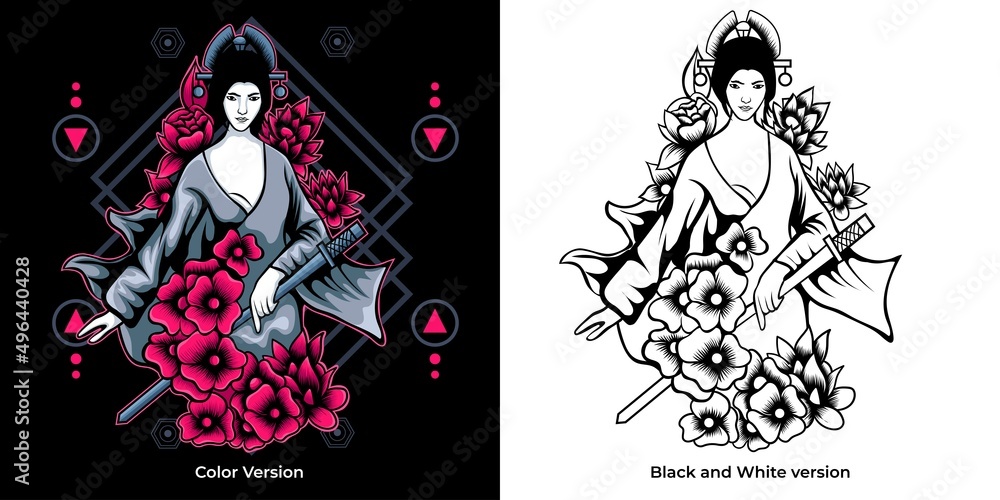 Geisha girl with sakura flowers around Geisha girl with sakura flowers around