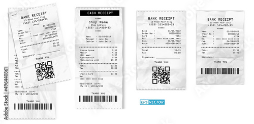 set of realistic cash register sales receipt isolated or cash receipt printed white paper or printout thermal rolled paper. eps vector
