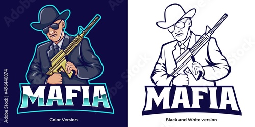 mafia sniper e-sport logo design. illustration of mafia sniper mascot design. editable text emblem design