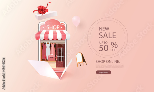 shopping online on smartphone and new buy sale promotion pink backgroud for banner market ecommerce women concept