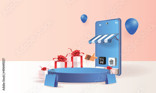 shopping online on smartphone and new buy sale promotion pink backgroud for banner market ecommerce women concept