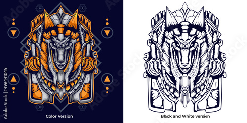 Mecha Anubis illustration with sacred geometry background