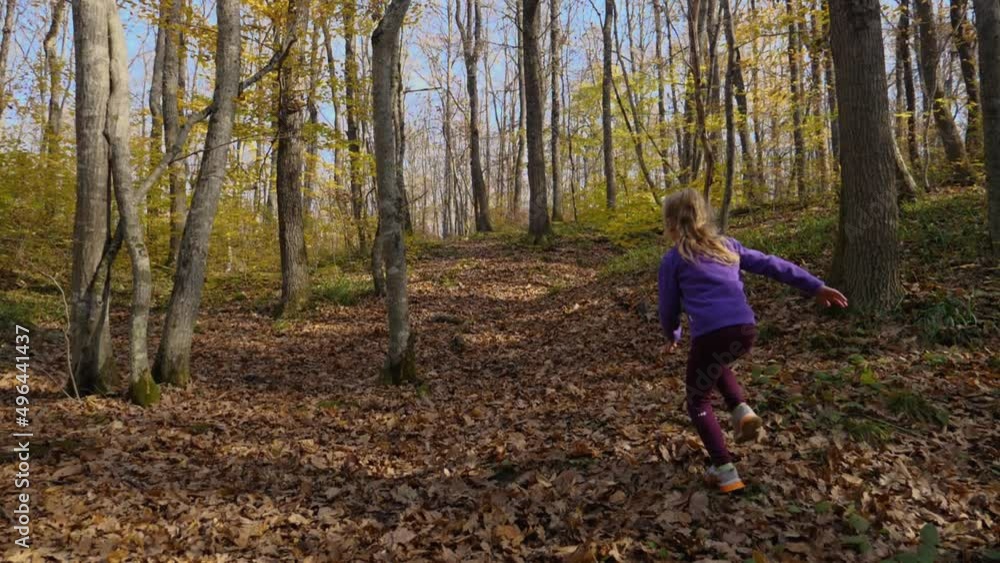 In slow motion, a child girl runs up a hill on dry leaves in the woods. The child runs through the park away from the camera. Active recreation in the woods In slow motion, a child girl runs up a hill on dry leaves in the woods. The child runs through the park away from the camera. Active recreation in the woods
