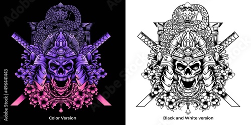 samurai skull with dragon and sakura flowers. vector illustration