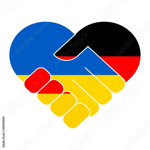 Handshake symbol in the colors of the national flags of Germany and Ukraine, forming a heart. The concept of peace, friendship.