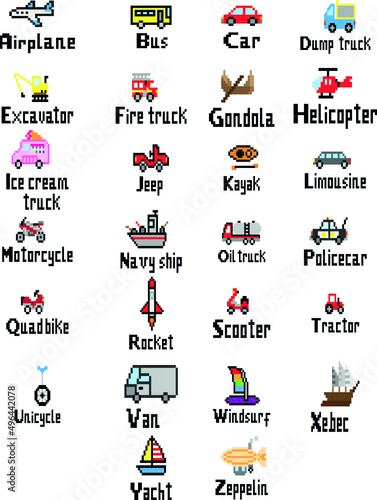 Transport Alphabet chart Pixel vector illustration. Alphabet chart.