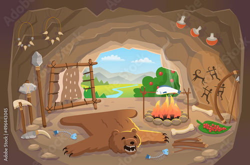  Stone age. Cozy ancient man's cave interior with bear carpet, fire, weapon, necklace from bones, cave drawings. Animal skin on a frame for drying. Set tools of prehistoric man.