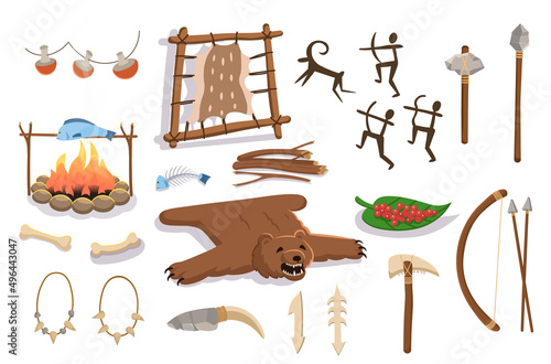  Stone age. Cozy ancient man's cave interior with bear carpet, fire, weapon, necklace from bones, cave drawings. Animal skin on a frame for drying. Set tools of prehistoric man.