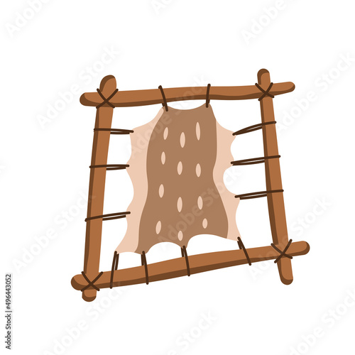 Animal skin on a frame. Stone age. Tools of prehistoric man. Vector illustration.Cartoon style.
