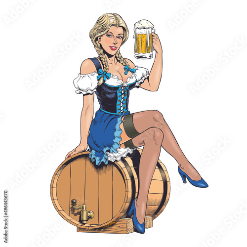 Oktoberfest girl wearing a traditional Bavarian dirndl costume, sitting on a beer barrel and holding a beer mug. Young sexy blonde german woman. Pin up style vector illustration.