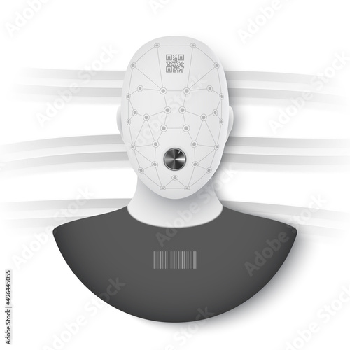 Human face with barcode, code and volume control. The concept of control over a person.