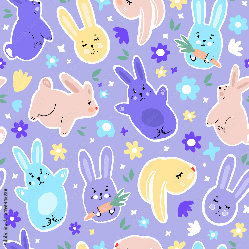 seamless vector pattern of cute drawn bunnies and flowers. tender flat illustration for baby clothes, postcards, wrapping paper, wallpaper...