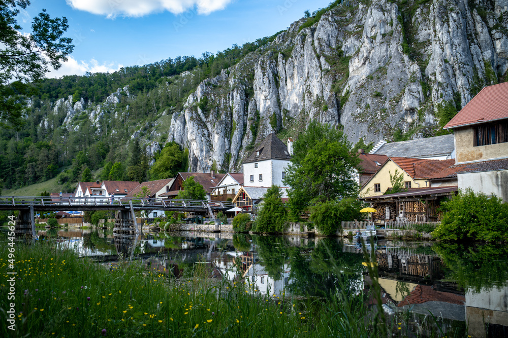 Idyllic view of the village of Markt Essing in Bavaria, Germany in the Altmühltal on a sunny day in spring Idyllic view of the village of Markt Essing in Bavaria, Germany in the Altmühltal on a sunny day in spring