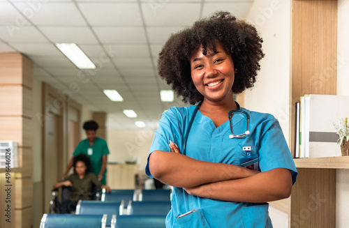 Portrait of  young doctor woman working in a hospital. African American Healthcare Professionals. Portrait Of Smiling Female Doctor  With Stethoscope In Hospital Office.