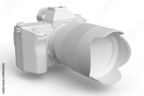 Concept of nonexistent silver DSLR camera with macro lens on white monochrome photo