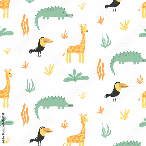Childish seamless pattern with jungle animals. Hand-drawn cute pattern with crocodile, toucan and giraffe. Safari pattern.Vector illustration.