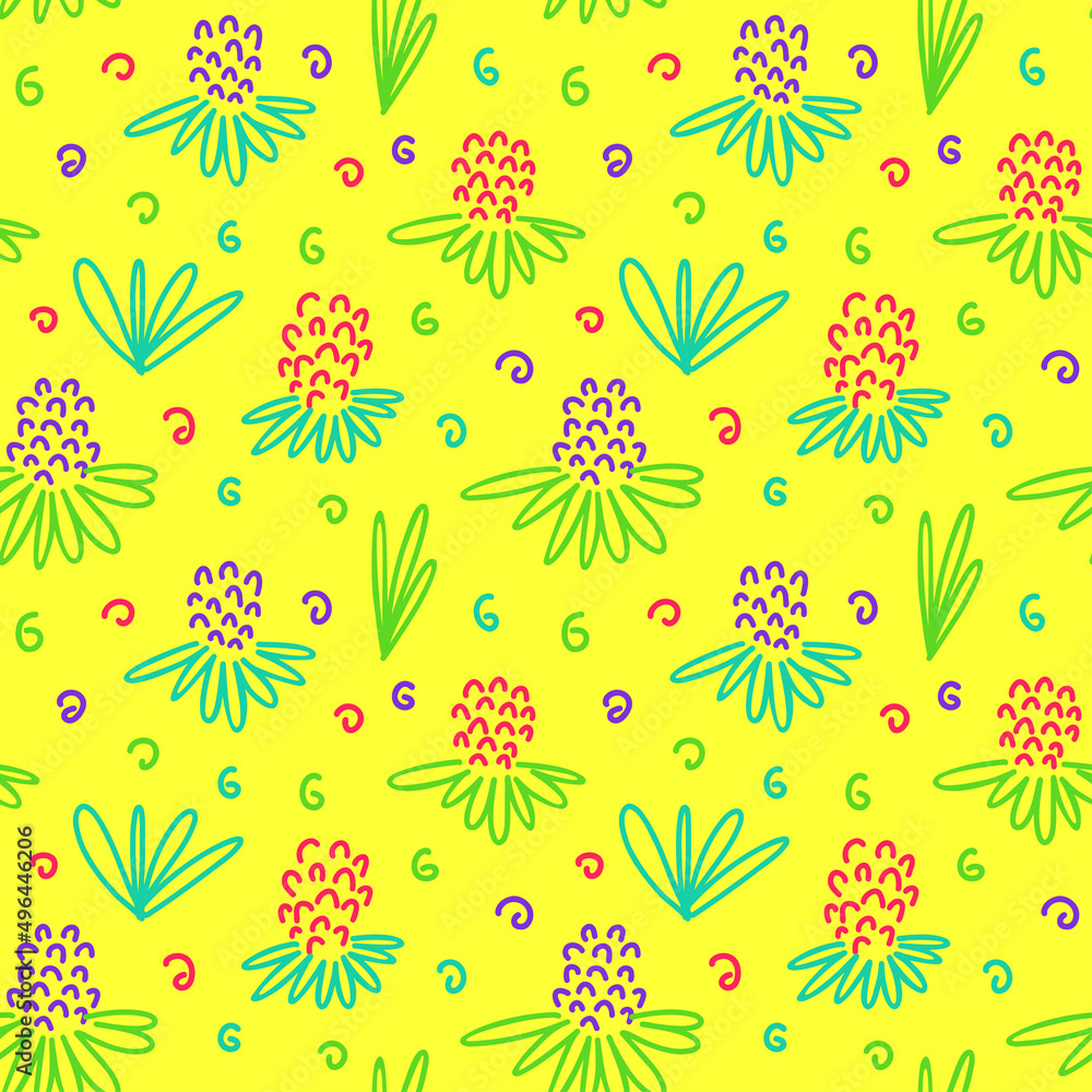 Bright tropical pattern with abstract pineapples and leaves Bright tropical pattern with abstract pineapples and leaves