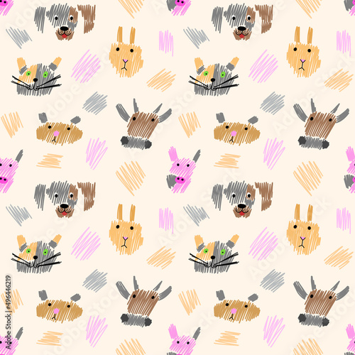 The faces of funny fluffy pets hand drawn seamless pattern