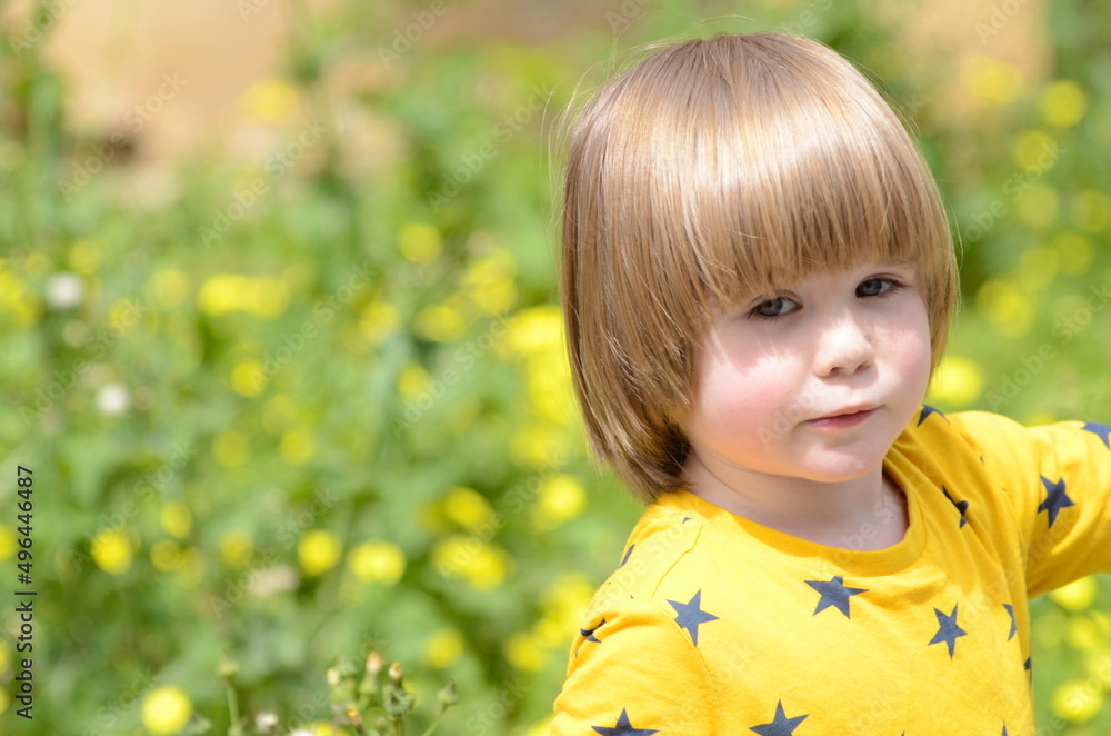 Cute positive boy with long blond hair. Close-up portrait against the background of yellow flowers. Place for text Cute positive boy with long blond hair. Close-up portrait against the background of yellow flowers. Place for text