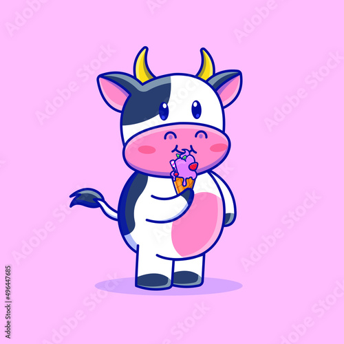 Cute cartoon cow with ice cream in vector illustration. Isolated animal vector. Flat cartoon style