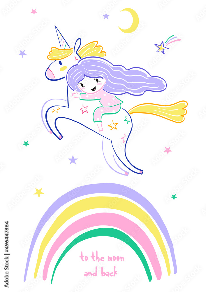 Little girl in pyjamas riding a starry unicorn above rainbow in a night ...
