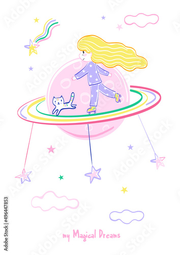 Little girl in sleepwear rollerblading with cat on Saturn rings in outer space vector illustration isolated on white. My magical dreams phrase. Childish felt pen hand drawn sweet dreams poster.