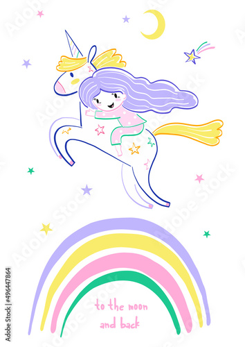 Little girl in pyjamas riding a starry unicorn above rainbow in a night sky vector illustration isolated on white. To the moon and back phrase. Sweet dreams childish felt pen hand drawn poster.